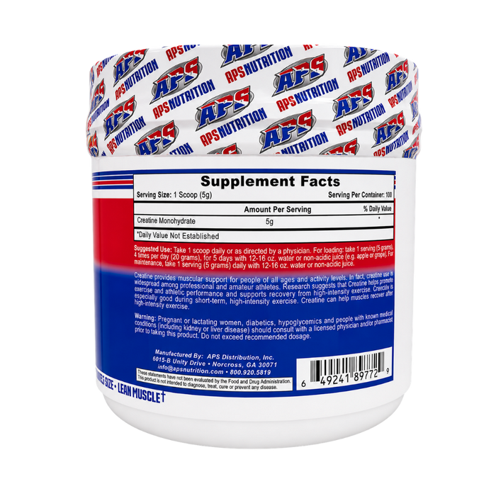 A white plastic tub of APS Nutrition Creatine Monohydrate with a white lid patterned with red and blue logos, showing the back label with Supplement Facts and a red and blue warning panel.