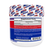 A white plastic tub of APS Nutrition Creatine Monohydrate with a white lid patterned with red and blue logos, showing the back label with Supplement Facts and a red and blue warning panel.