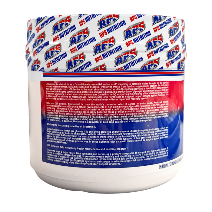 A white plastic tub of APS Nutrition Glutamine supplement powder, showing the white lid with a blue and red branded pattern and the back label with red and blue text.