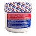 A white plastic tub of APS Nutrition Glutamine supplement powder, showing the white lid with a blue and red branded pattern and the back label with red and blue text.