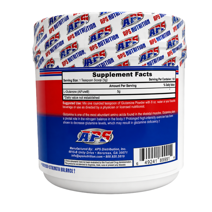 A white plastic tub of APS Nutrition Glutamine Powder with a detailed supplement facts label on the back, featuring red and blue branding and a white patterned lid.