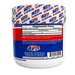 A white plastic tub of APS Nutrition Glutamine Powder with a detailed supplement facts label on the back, featuring red and blue branding and a white patterned lid.