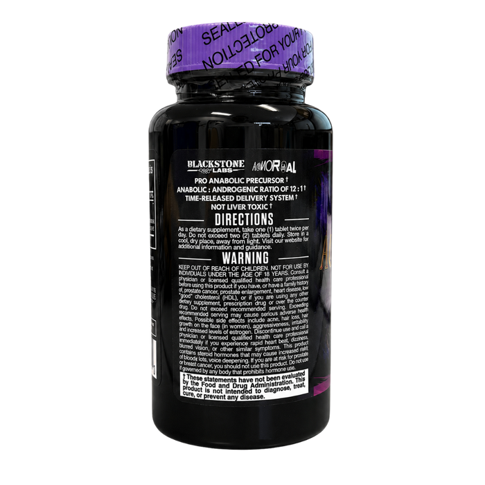 Blackstone Labs Anabolic dietary supplement bottle, showing the back label and purple seal cap on a white background.