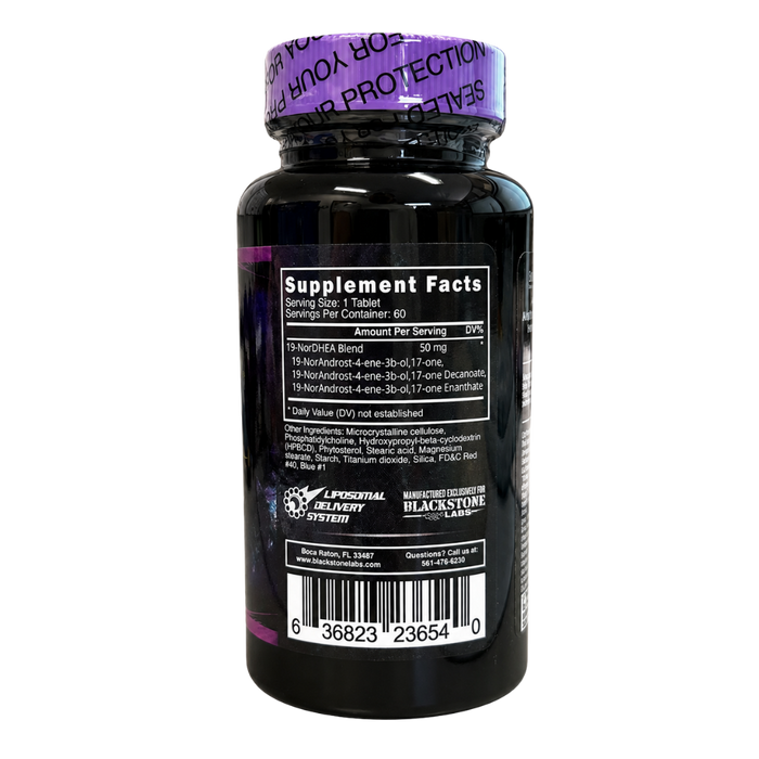 A black supplement bottle with a purple seal on the cap, showing the back label with 'Supplement Facts' and a barcode on a white background.