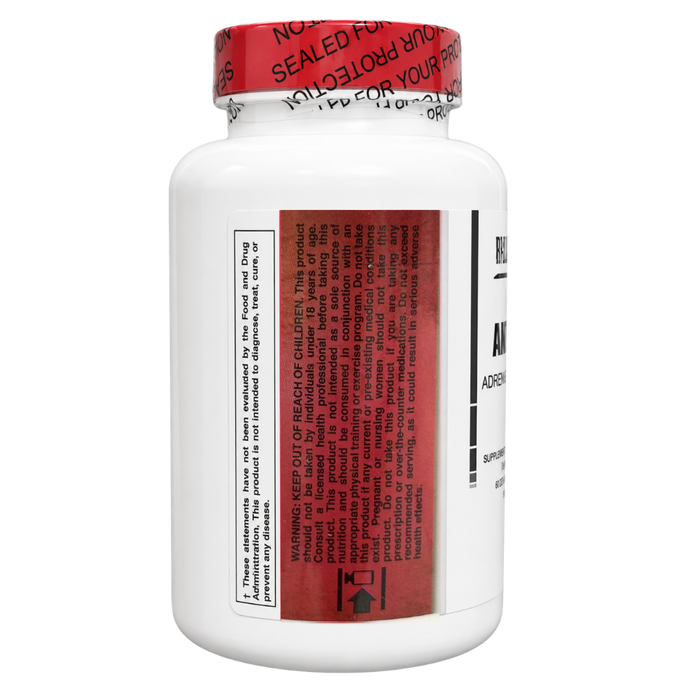A white plastic bottle with a red seal on the cap and a red warning label on the side, photographed against a plain white background.