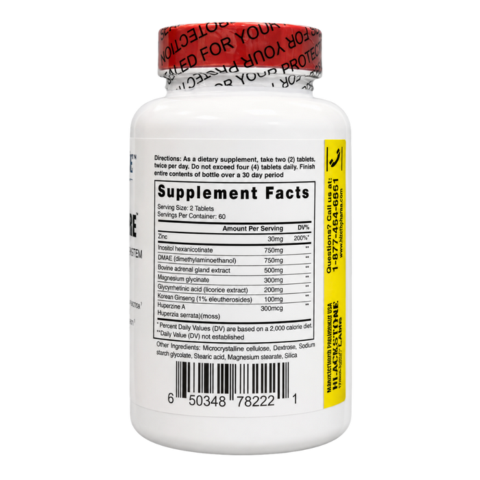 White plastic bottle of dietary supplement with a red foil seal and a yellow vertical label on the right side, shown against a plain white background.