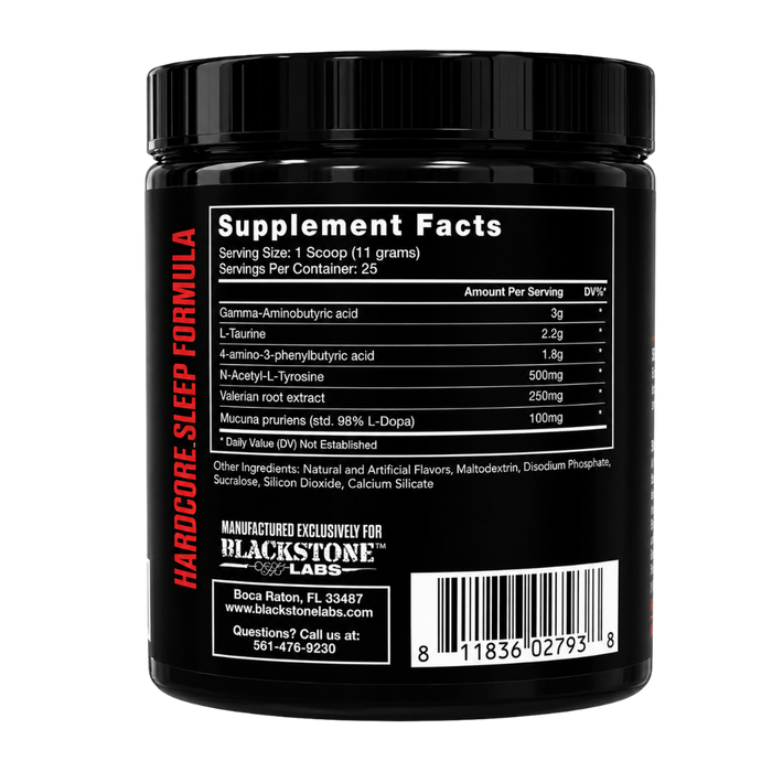 A black plastic supplement jar shown from the back, featuring a white Supplement Facts label with red and black text. The label indicates it is Hardcore Sleep Formula and manufactured exclusively for Blackstone Labs.