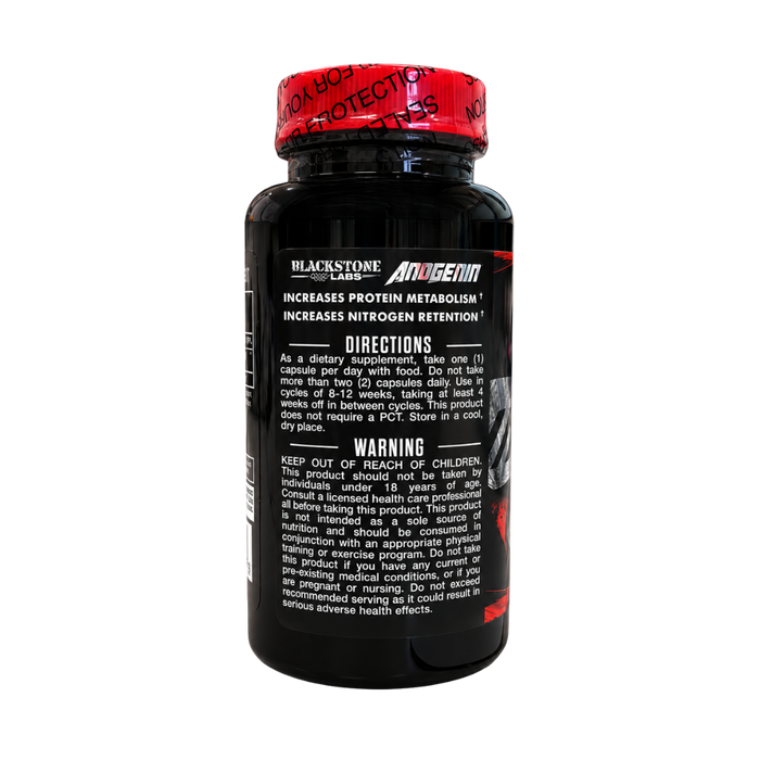 A black supplement bottle with a red cap, labeled Anodemin by Blackstone Labs, on a plain white background.