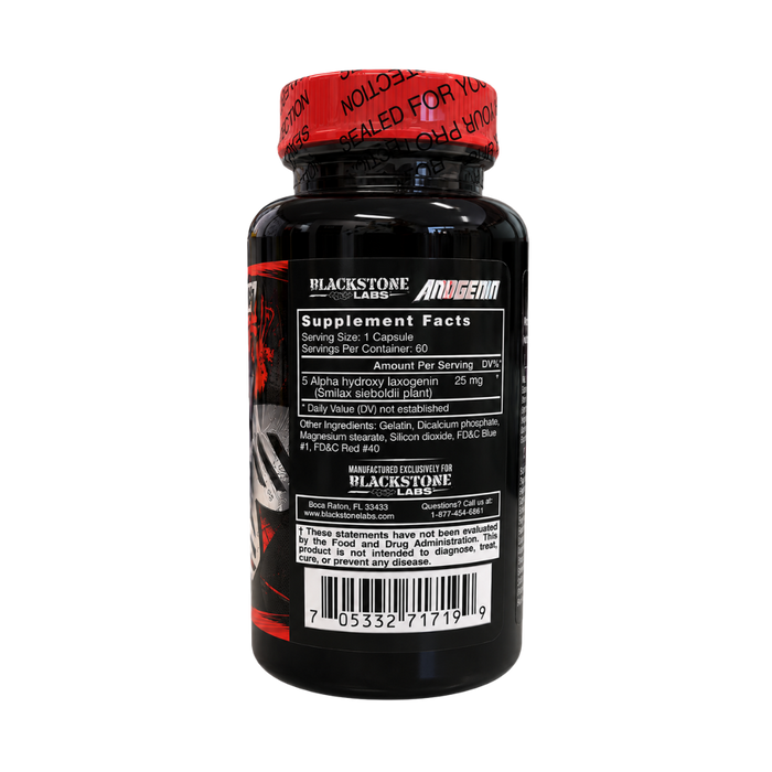 Black supplement bottle with a red seal cap, showing the back label with Blackstone Labs branding and supplement facts.