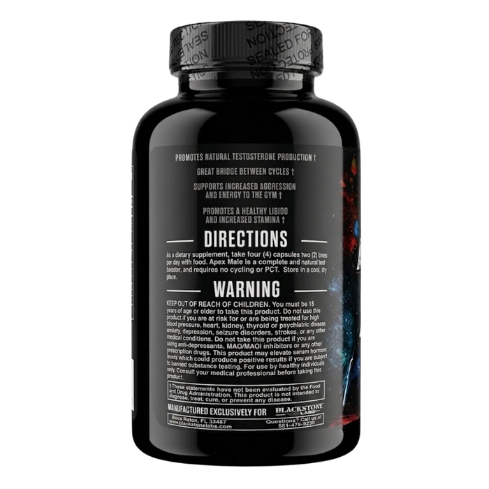 A black supplement bottle with a black cap, showing the back label with text including 'DIRECTIONS' and 'WARNING'. The label has white text and a small dark graphic on the right side.