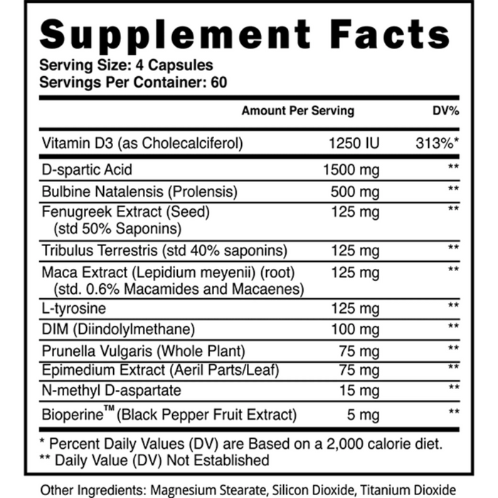 Supplement facts label with various ingredients and their amounts per serving.