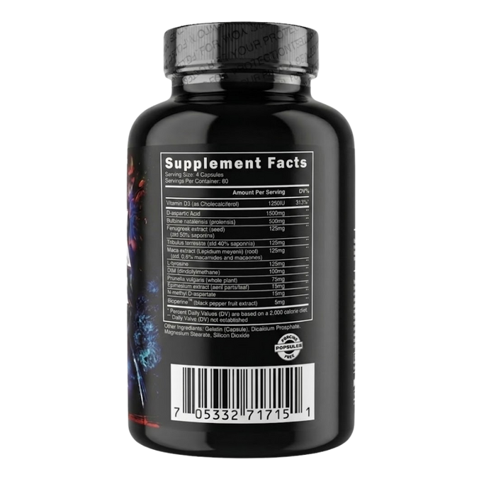The back of a black plastic supplement bottle with a black cap, showing the Supplement Facts label, barcode, and a small circular seal on a white background.