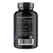 The back of a black plastic supplement bottle with a black cap, showing the Supplement Facts label, barcode, and a small circular seal on a white background.