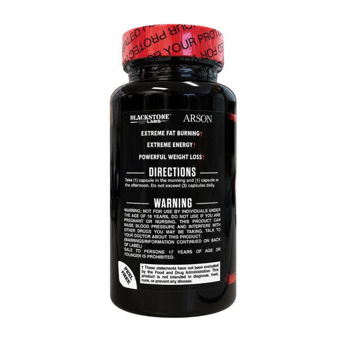 A black supplement bottle with a red cap from the brands BlackStone and Arson, featuring white and red text on the label.