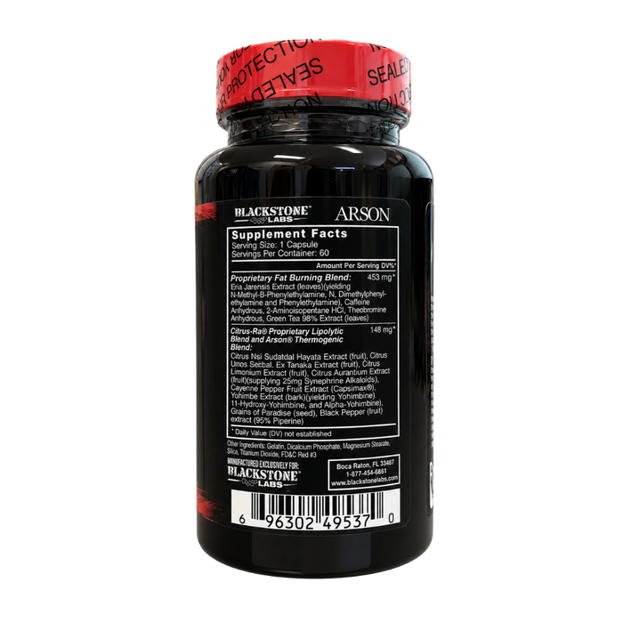 Blackstone Labs Arson supplement bottle showing the back label and red seal cap on a white background.