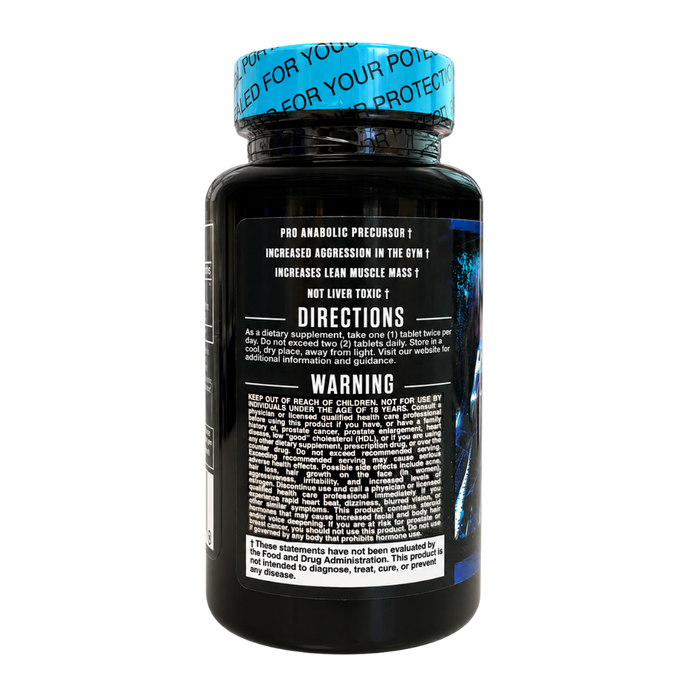 A black supplement bottle with a bright blue cap, showing the back label of a pre-anabolic precursor supplement. The label features white text, a warning section, and a blue graphic of a muscular figure.