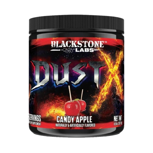 Blackstone Labs Dust X supplement container with candy apple flavor on a white background
