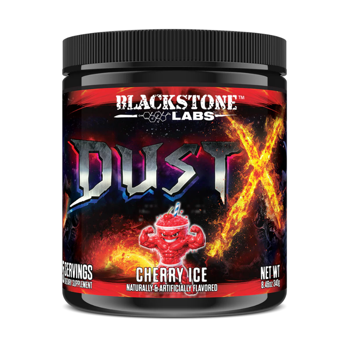 Blackstone Labs Dust X supplement container with cherry ice flavor on a white background