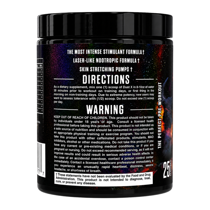 A black plastic supplement tub with a black lid, featuring a detailed white warning label and text for 'The Perfect Pre-Workout' by Dush. The label includes a fiery red and orange gradient design on the right side.