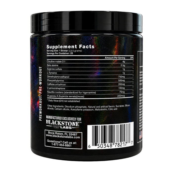 Back view of a Black Stone Labs supplement jar with a black lid and a dark holographic label showing the Supplement Facts panel and barcode.