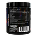 Back view of a Black Stone Labs supplement jar with a black lid and a dark holographic label showing the Supplement Facts panel and barcode.