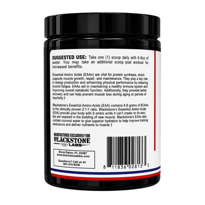  Blackstone Labs EAA 30 Servings suggested use and product information on the back of the bottle on a white background.