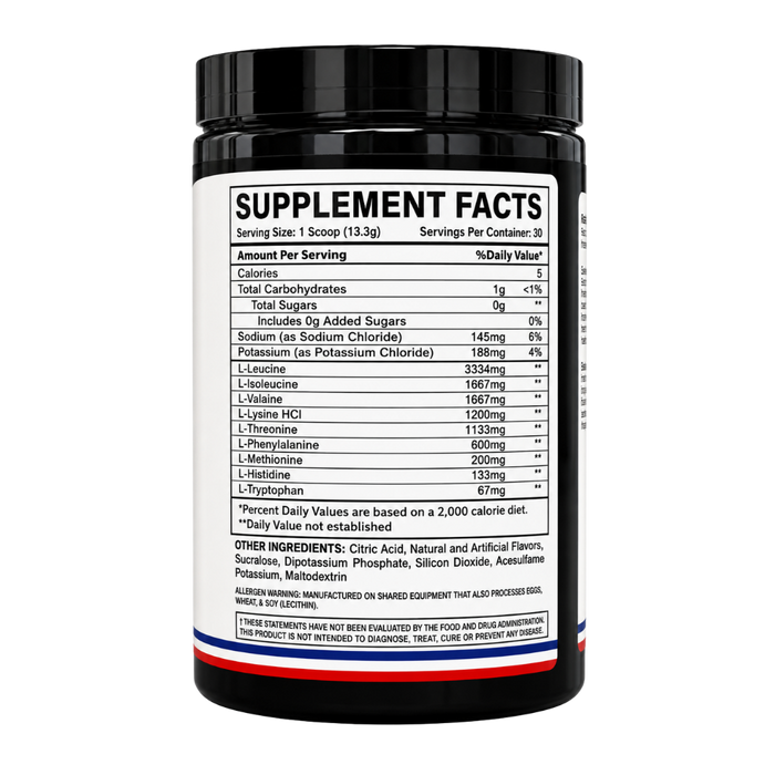  Blackstone Labs EAA 30 Servings supplement facts label on the side of the bottle on a white background.