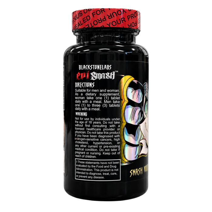 Black supplement bottle with colorful label on a white background