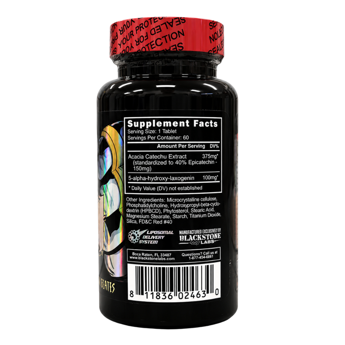 Black supplement bottle with red label on a white background