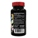 Black supplement bottle with red label on a white background