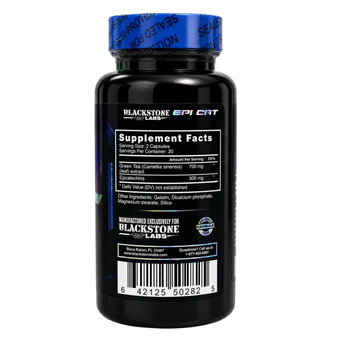 A black supplement bottle with a blue cap and a black label showing the supplement facts for Epi-Cat by Blackstone Labs.