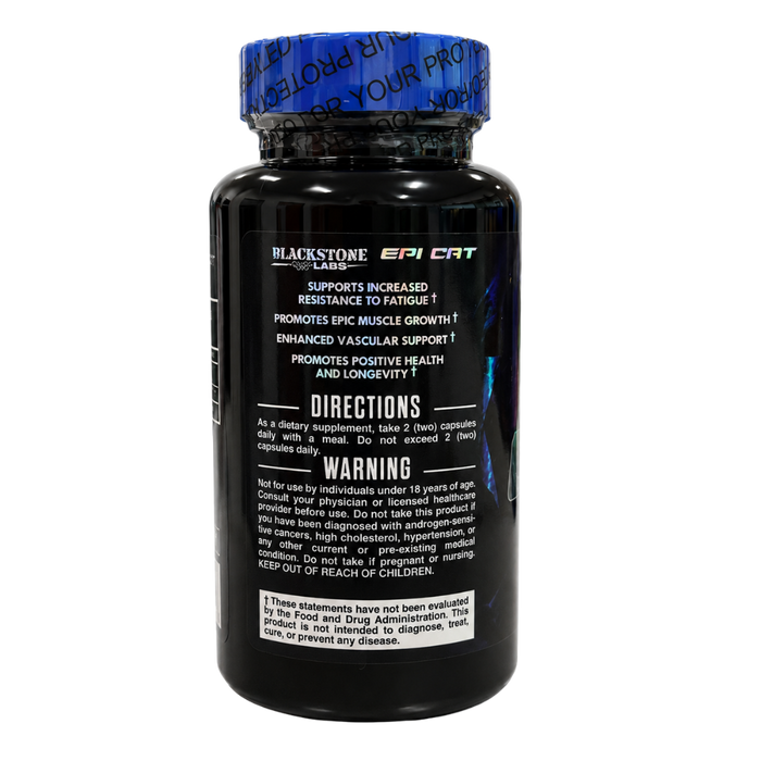 A black supplement bottle with a blue cap from Blackstone Labs and EpiCat, featuring a detailed white warning label on a white background.
