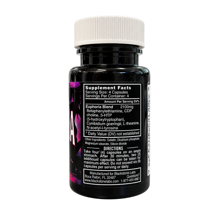 A black supplement bottle with a white ribbed cap, showing the Supplement Facts label on a plain white background.
