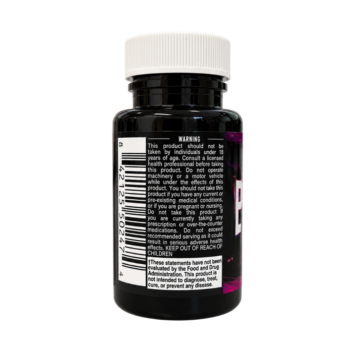 A black plastic supplement bottle with a white ribbed cap, showing the back label with a warning, barcode, and partial product name on a white background.