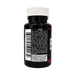 A black plastic supplement bottle with a white ribbed cap, showing the back label with a warning, barcode, and partial product name on a white background.