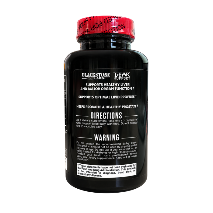 A black supplement bottle with a red cap seal, featuring a black label with white text for 'Blackstone Labs'. Directions and warning for the supplement bottle are displayed.