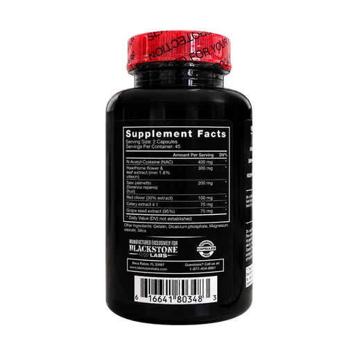 Black supplement bottle with a red security cap, showing the Supplement Facts label on a white background.