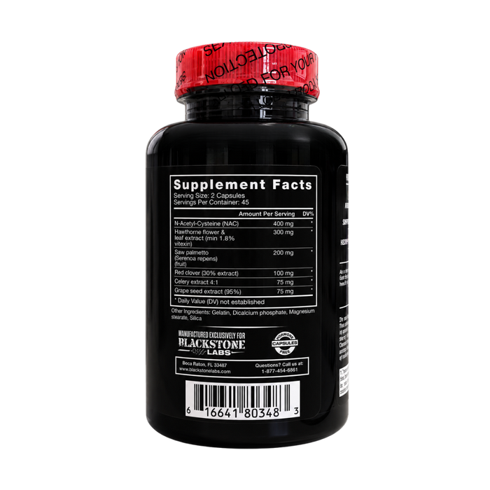 Black supplement bottle with a red security cap, showing the Supplement Facts label on a white background.