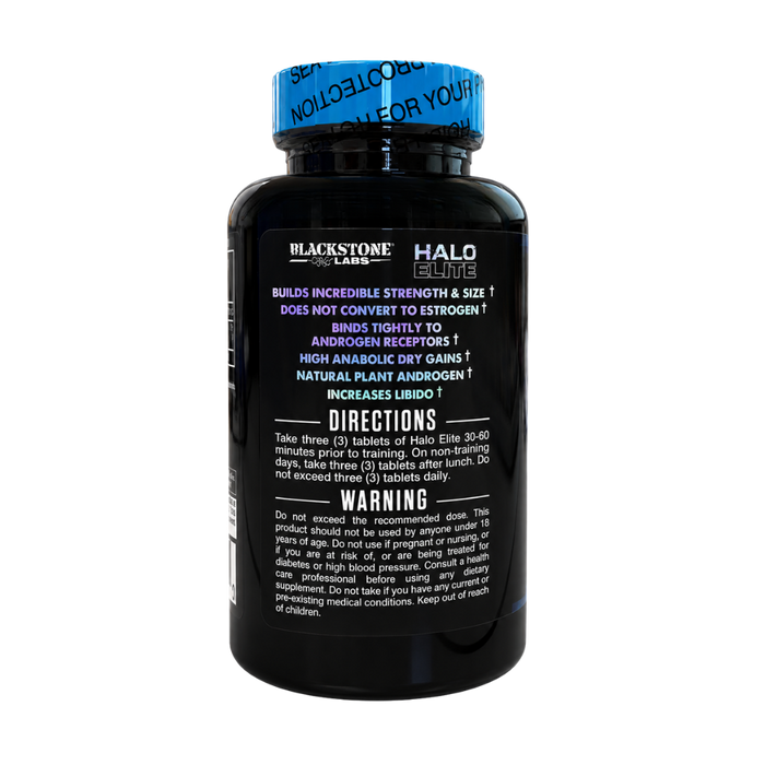 Blackstone Labs Halo Engine supplement bottle shown from the back, featuring a black label with white and blue text and a blue cap.