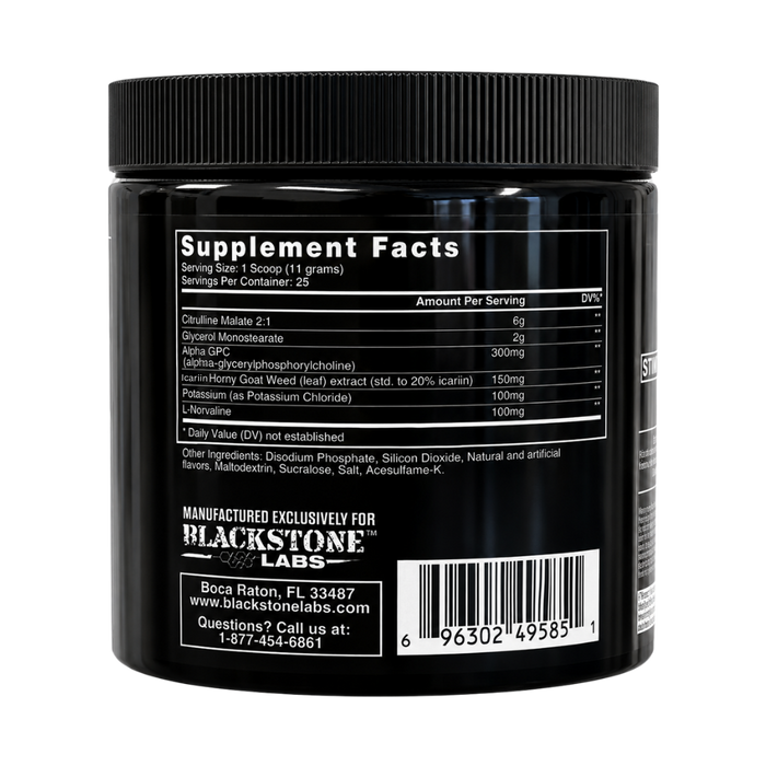 A black plastic supplement jar shown from the back, displaying the Supplement Facts label for BlackStone Labs. The label includes product information, a supplement facts table, and a barcode on a clean white background.