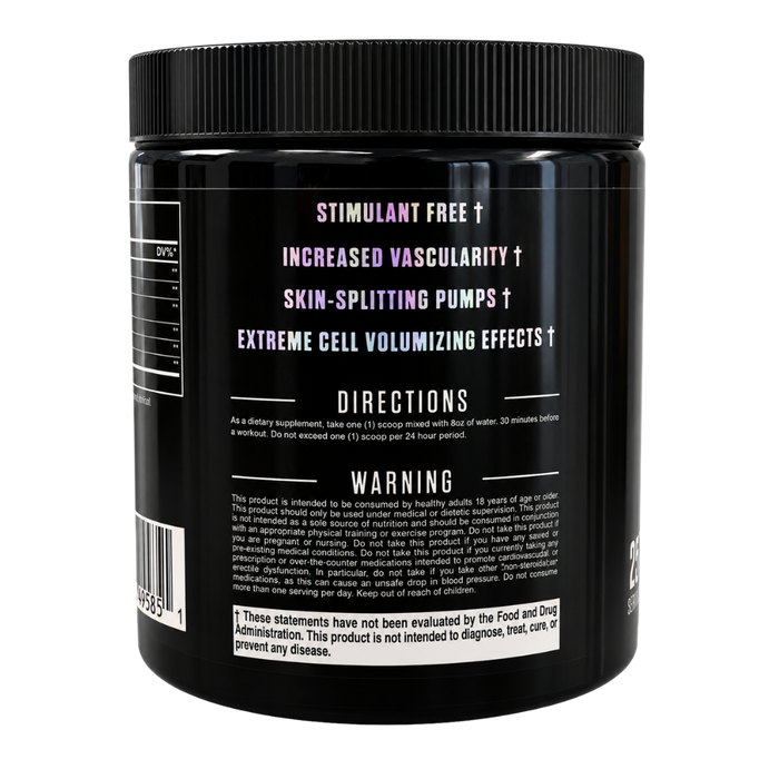 A black plastic tub of a dietary supplement with a ribbed black lid, shown from the back against a plain white background. The label features white and light purple text detailing product benefits, directions, and warnings.