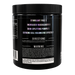 A black plastic tub of a dietary supplement with a ribbed black lid, shown from the back against a plain white background. The label features white and light purple text detailing product benefits, directions, and warnings.