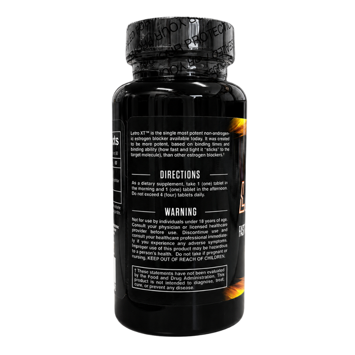 A black plastic bottle of dietary supplement capsules shown from the back, featuring a black cap with a textured pattern and a black label with white text detailing directions and warnings.