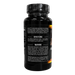 A black plastic bottle of dietary supplement capsules shown from the back, featuring a black cap with a textured pattern and a black label with white text detailing directions and warnings.
