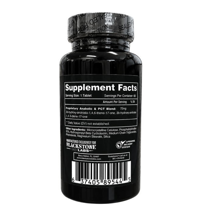 A black supplement bottle with a black cap, featuring a white 'Supplement Facts' label on a plain white background. The label includes branding for Blackstone Labs and a barcode at the bottom.