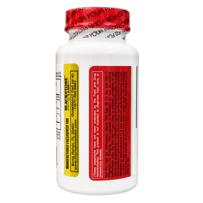 A white plastic supplement bottle with a red seal cap, showing the yellow and red side labels of Blackstone Labs.