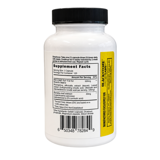 White supplement bottle with a black cap, showing the back label with Supplement Facts, a yellow vertical side panel, and a barcode on a white background.