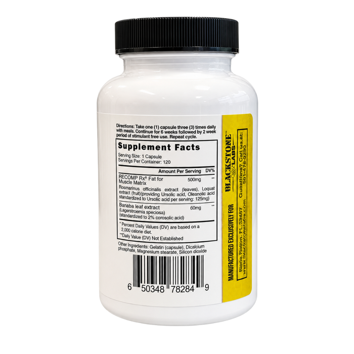 White supplement bottle with a black cap, showing the back label with Supplement Facts, a yellow vertical side panel, and a barcode on a white background.