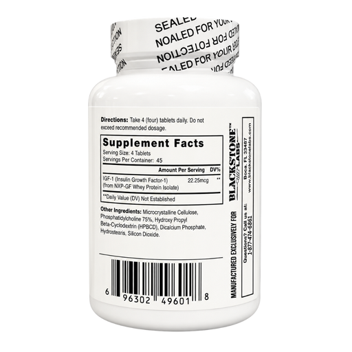 Blackstone Labs SST-1: IGF-1mg 45 Servings supplement facts listed on the side of the bottle alongside directions on a white background.