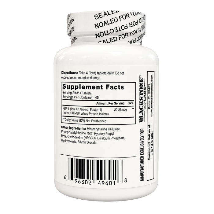 Blackstone Labs SST-1: IGF-1mg 45 Servings supplement facts listed on the side of the bottle alongside directions on a white background.